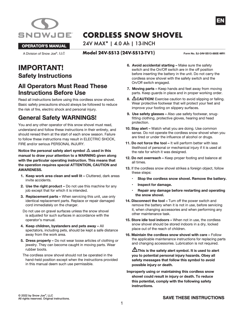 Page 1 de la notice Manuel utilisateur Snow Joe 24V-SS13-TV1
