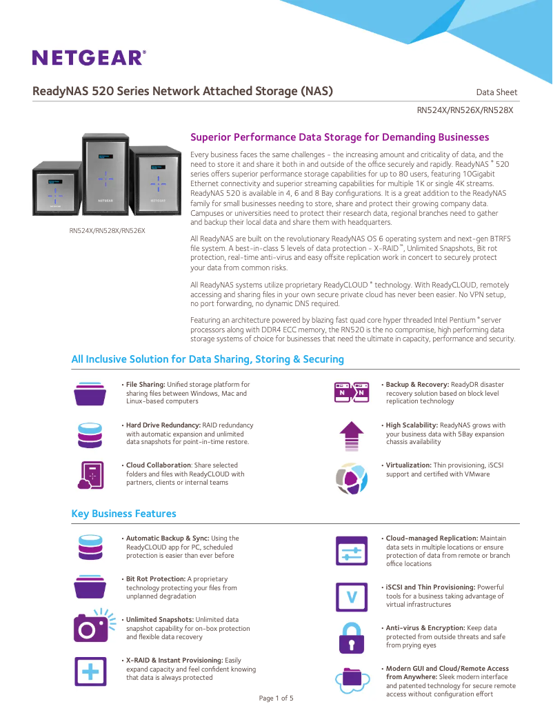 Page 1 de la notice Fiche technique Netgear ReadyNAS R528X
