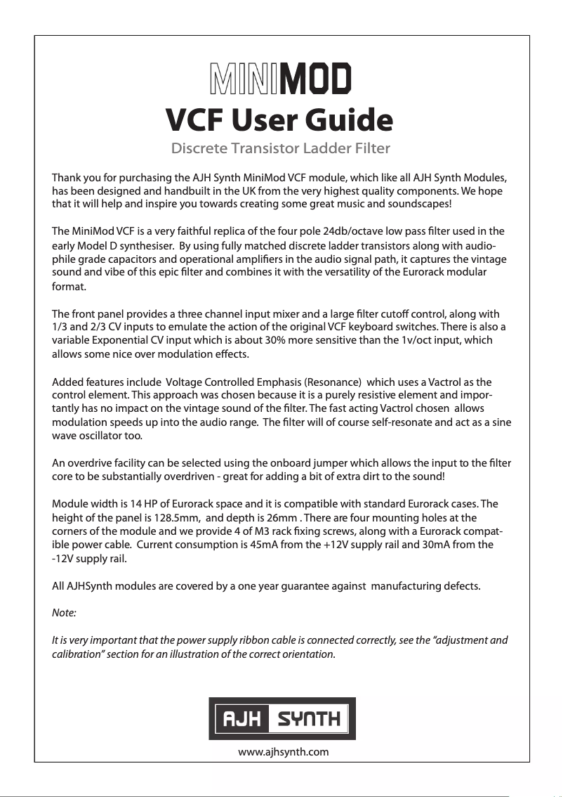 Page 1 de la notice Manuel utilisateur AJH Synth MiniMod VCF