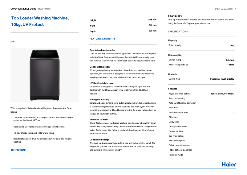 Page 1 de la notice Fiche technique Haier HWT10ADB1