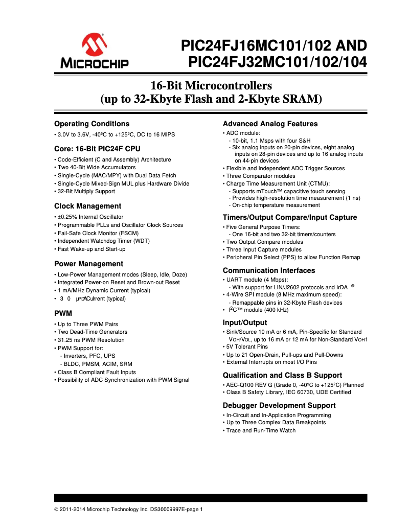 Page 1 de la notice Fiche technique Microchip PIC24FJ16MC102