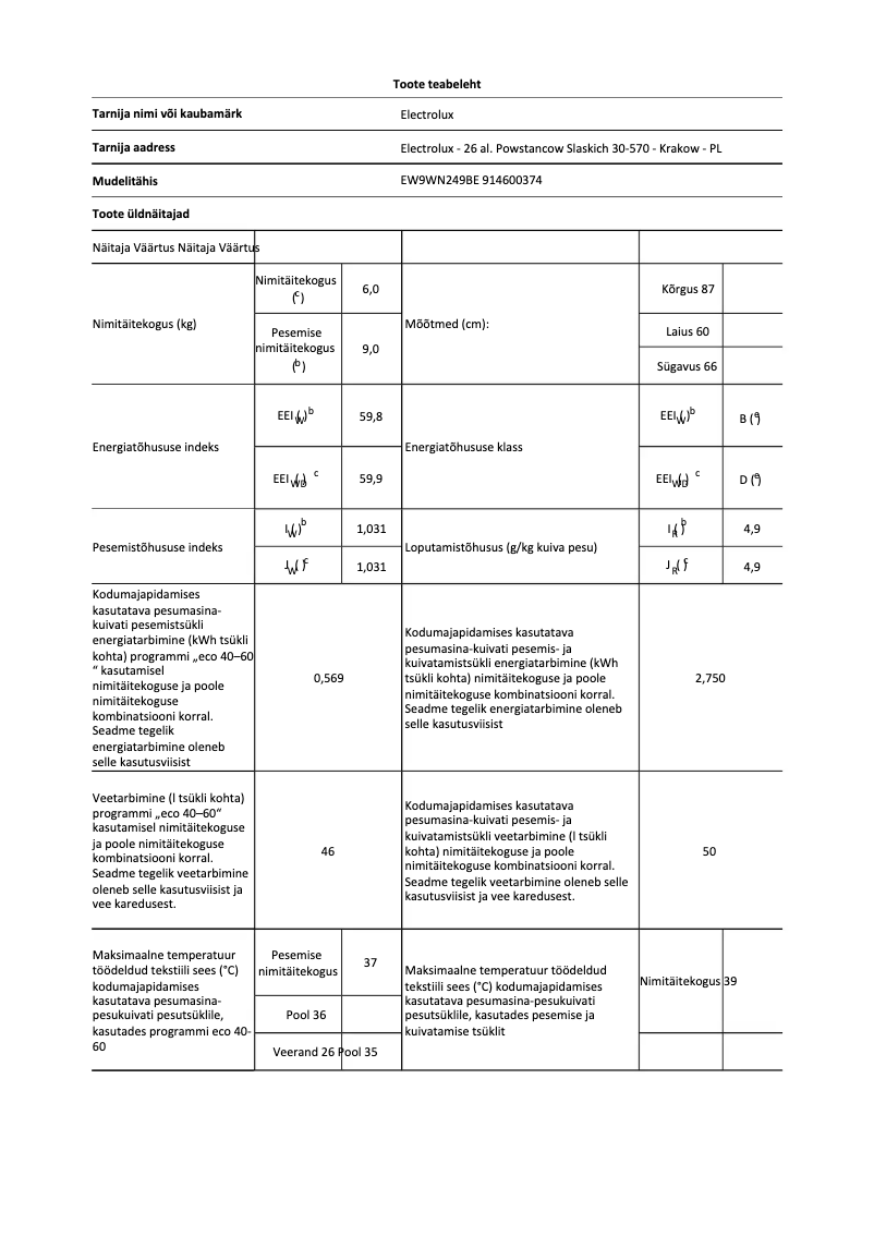 Page 1 de la notice Manuel utilisateur Electrolux EW9WN249BE
