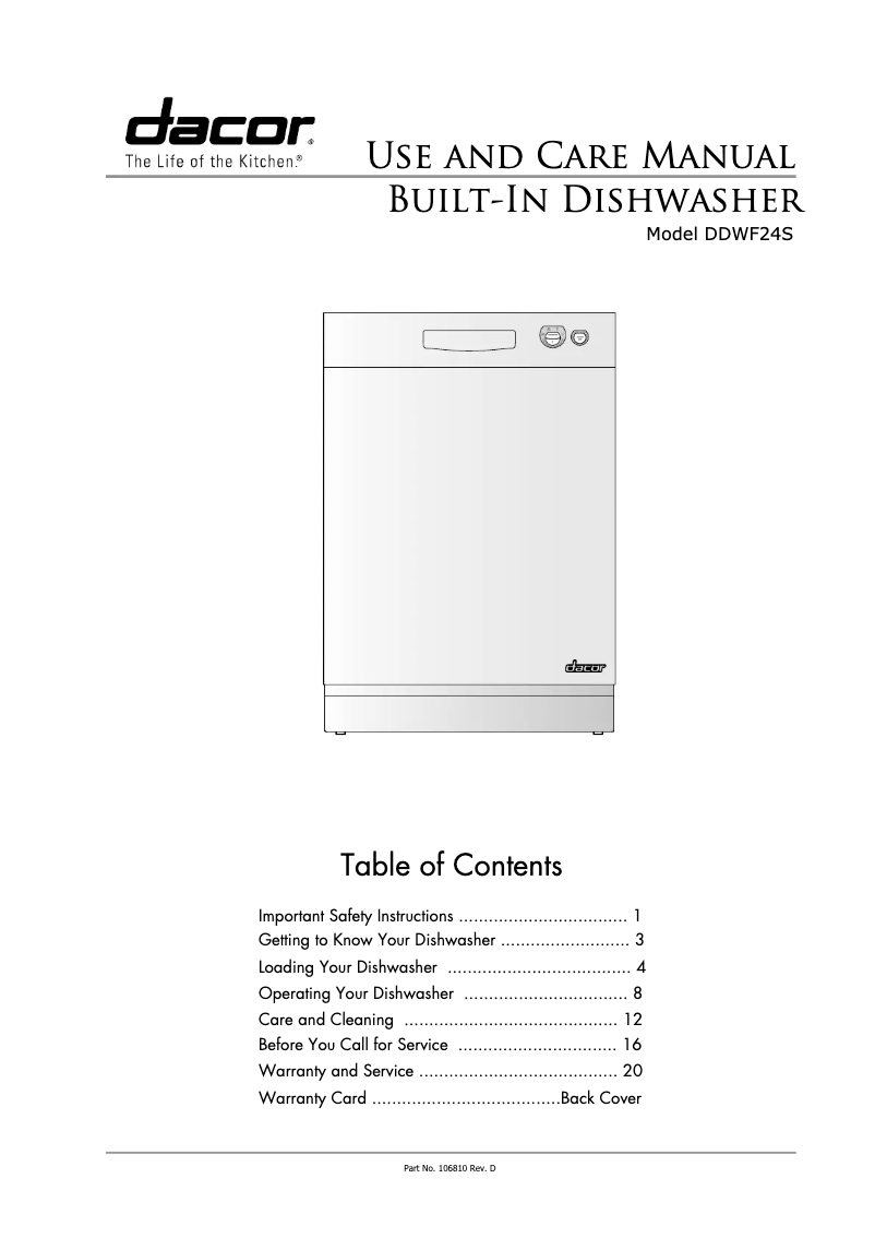 Page n°1 - Manuel utilisateur Dacor DDWF24S