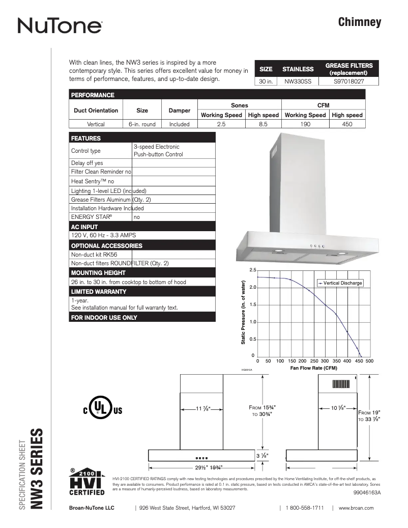 Página 1 del manual Ficha técnica NuTone NW330SS