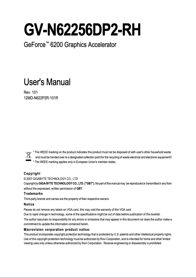 Page 1 de la notice Manuel utilisateur Gigabyte GeForce 6200 AGP