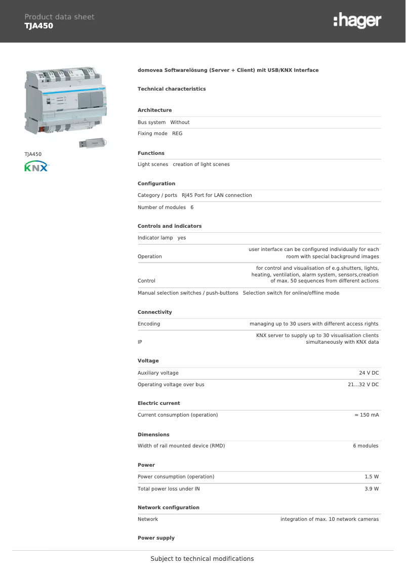 Página 1 del manual Ficha técnica Hager TJA450