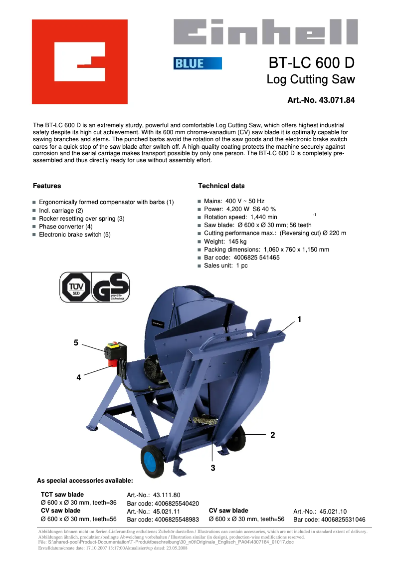 Page 1 de la notice Manuel utilisateur Einhell BT-LC 600 D