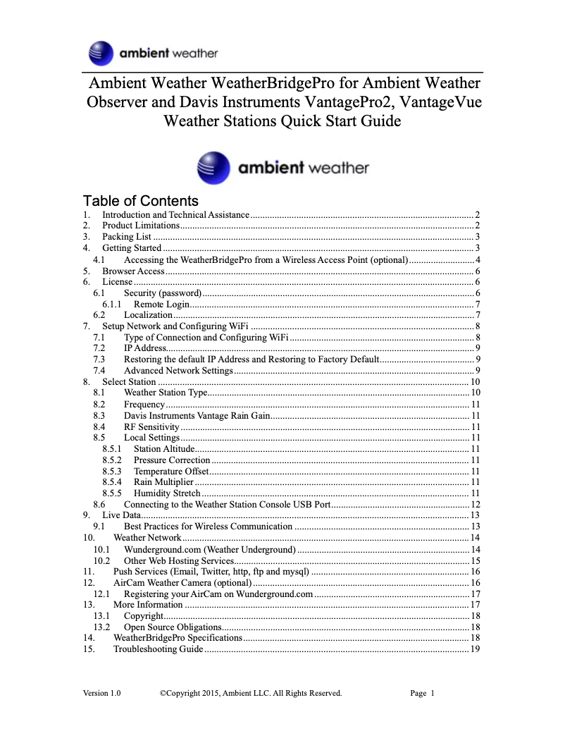 Page n°1 - Manuel utilisateur Ambient Weather WeatherBridgePro