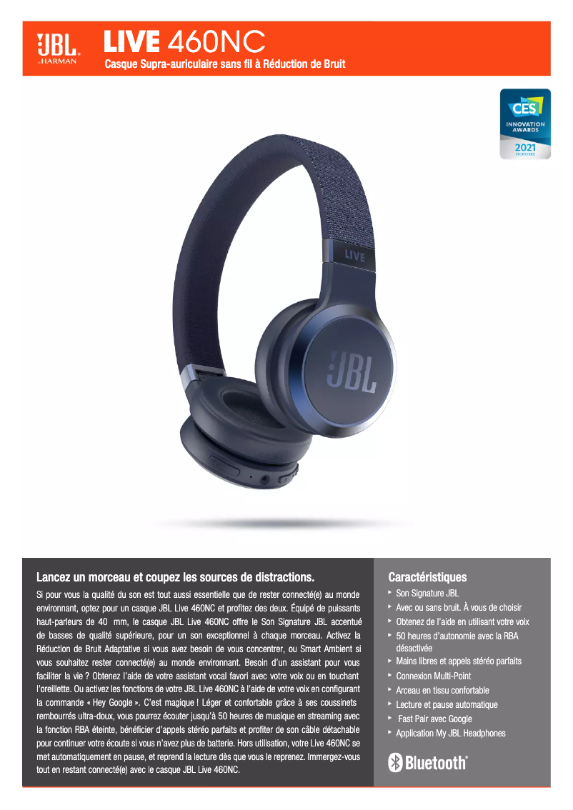 Page n°1 - Fiche technique JBL Live 460NC