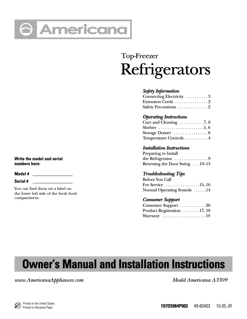 Page n°1 - Manuel utilisateur Americana A3309AASWW