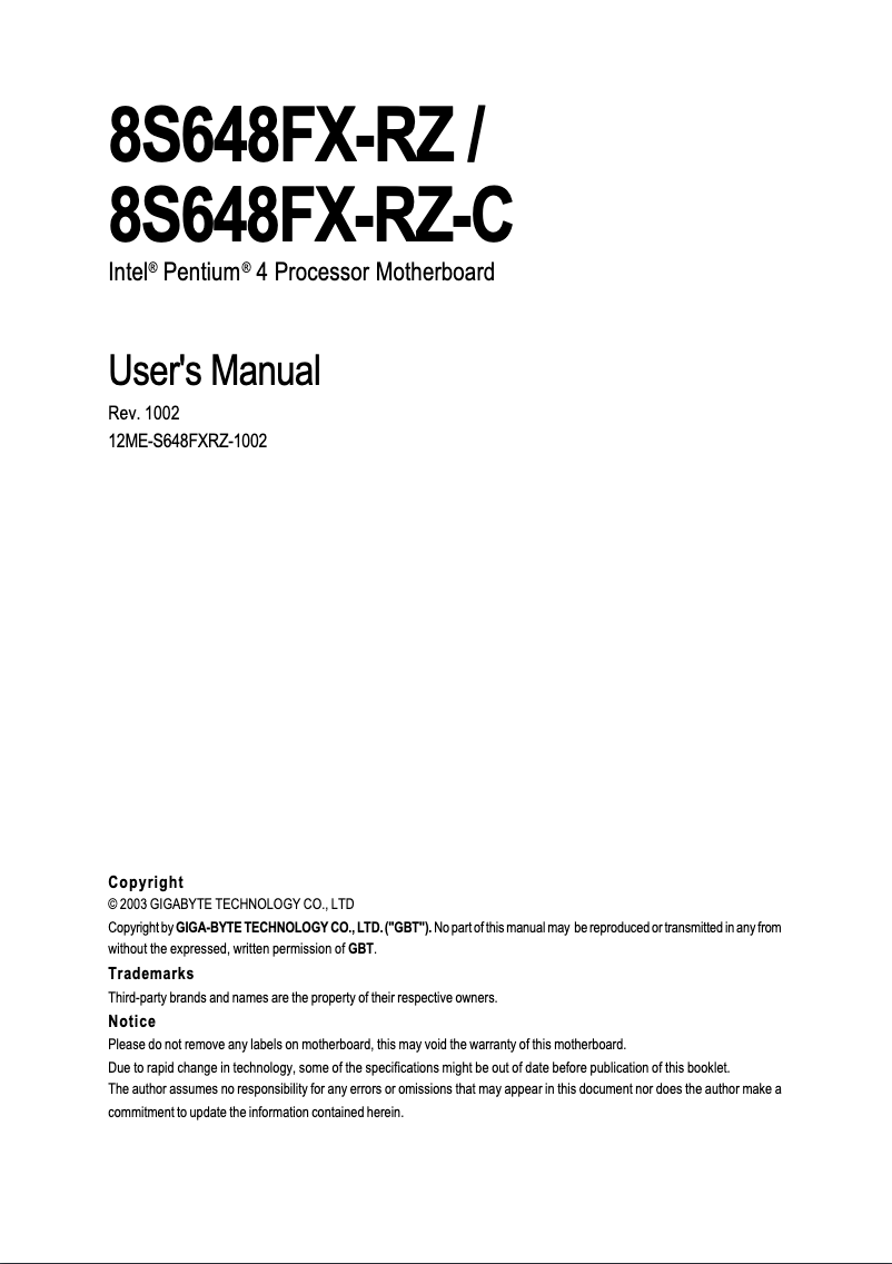 Page 1 de la notice Manuel utilisateur Gigabyte 8S648FX-RZC