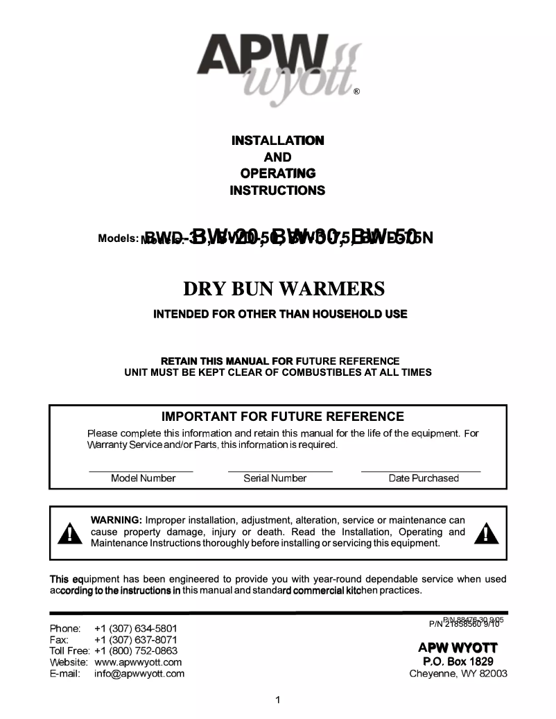 Page 1 de la notice Manuel utilisateur APW Wyott BWD-75N