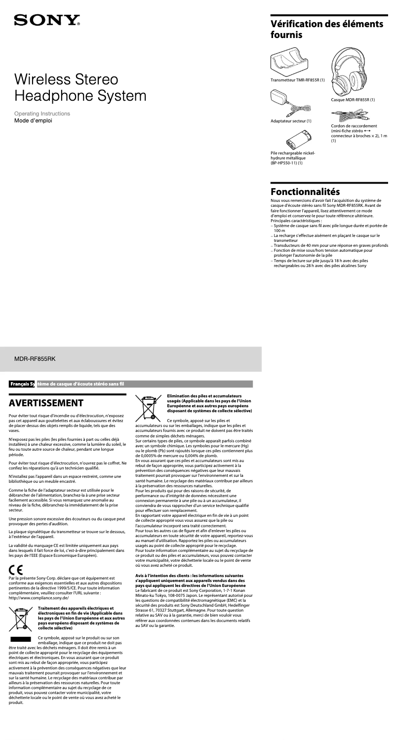 Image de la première page du manuel de l'appareil MDR-RF855