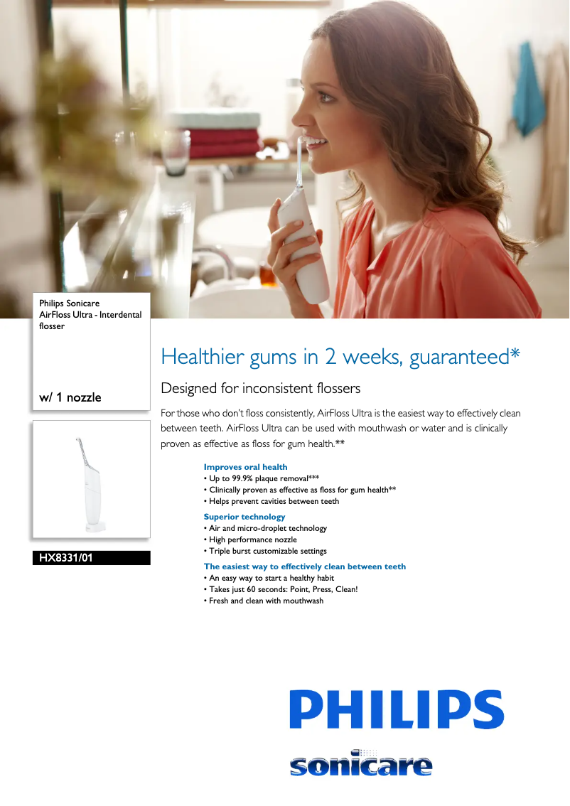 Page 1 de la notice Fiche technique Philips Sonicare AirFloss Pro HX8331