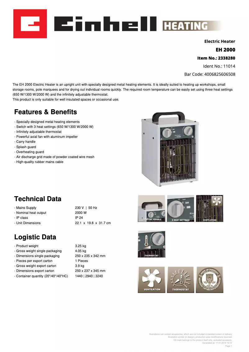 Page 1 de la notice Fiche technique Einhell EH 2000