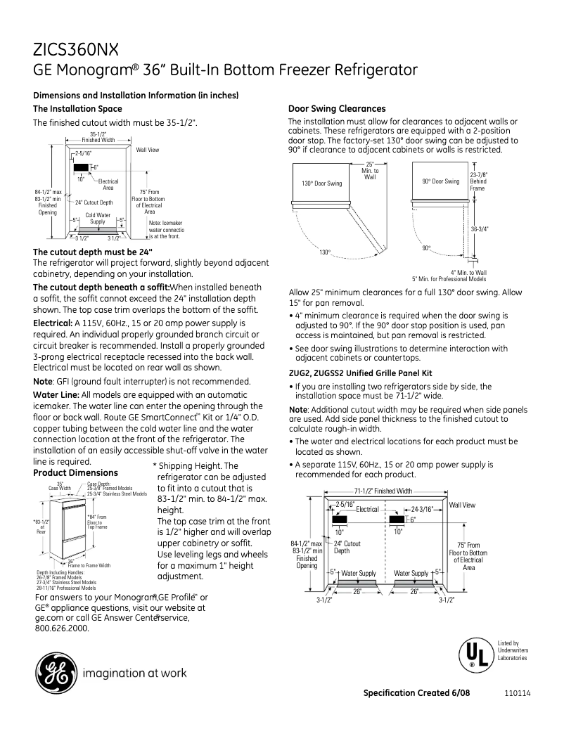 Page n°1 - Fiche technique GE ZICS360NXRH