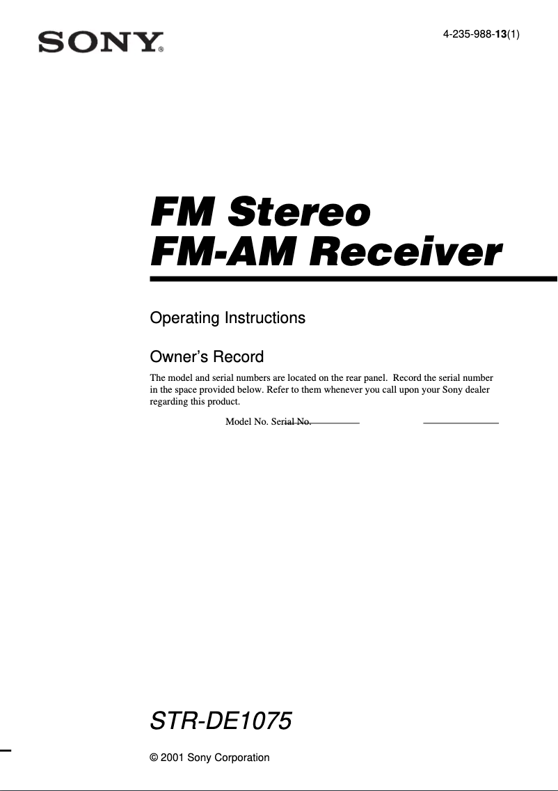 Page 1 de la notice Manuel utilisateur Sony STR-DE1075