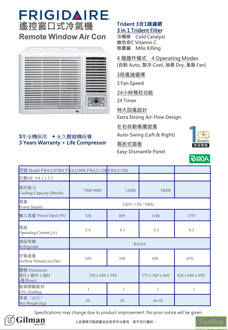 Page n°1 - Manuel utilisateur Frigidaire FWA2109R