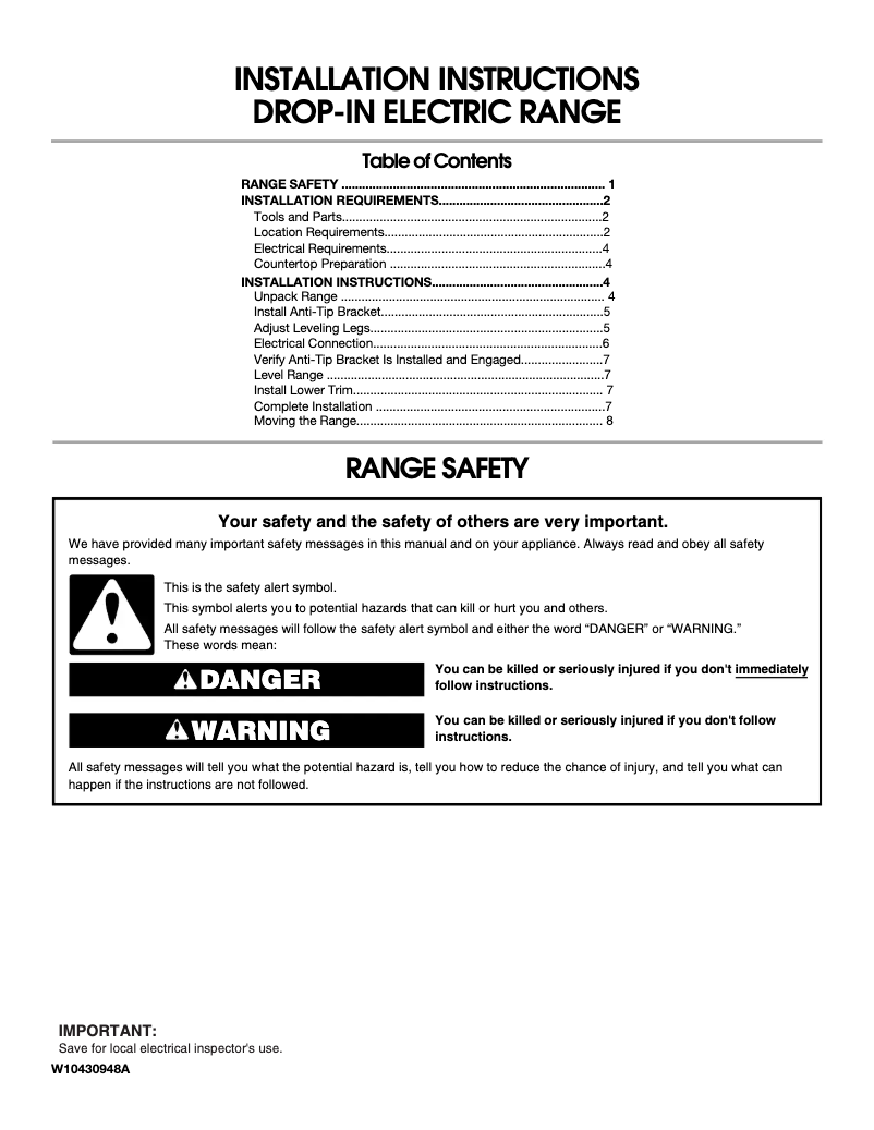 Page 1 de la notice Guide d'installation Whirlpool WDE150LVB