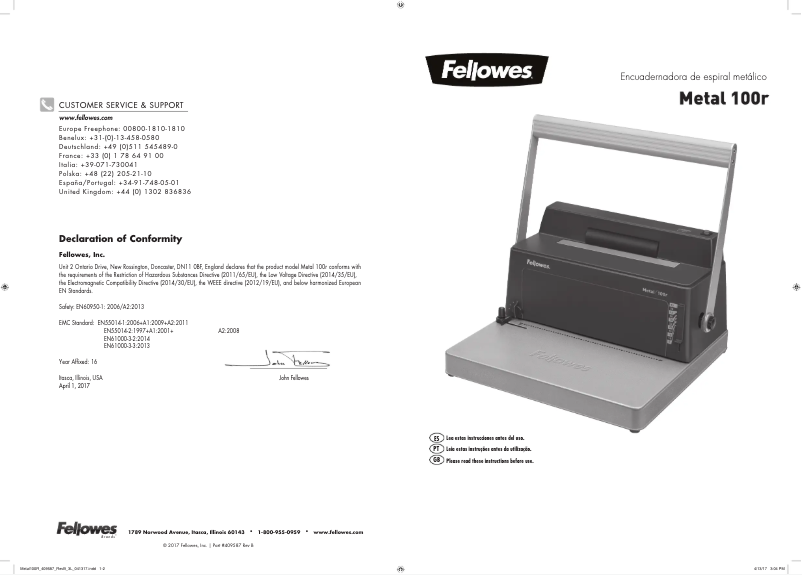 Page 1 de la notice Manuel utilisateur Fellowes Metal 100r