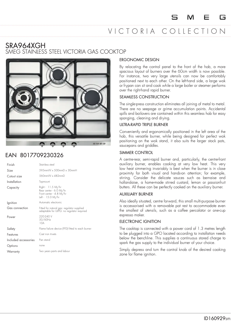 Page 1 de la notice Fiche technique Smeg SRA964XGH