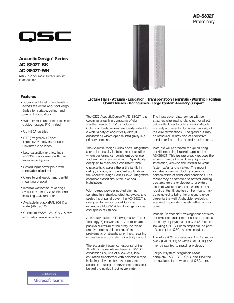 Page 1 of the manual Technical Sheet QSC AcousticDesign AD-S802T