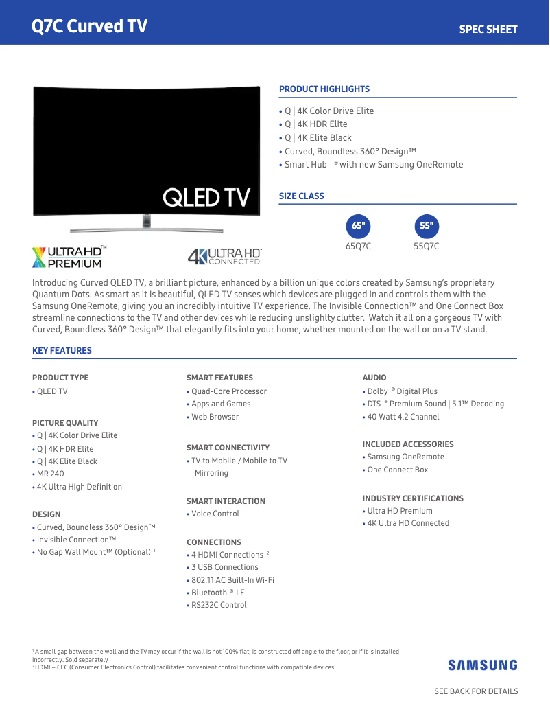 Page 1 de la notice Fiche technique Samsung Q7C