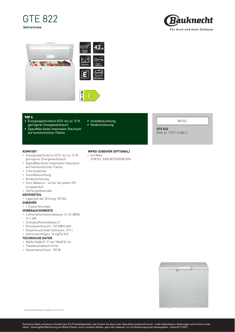 Page 1 de la notice Fiche technique Bauknecht GTE 822