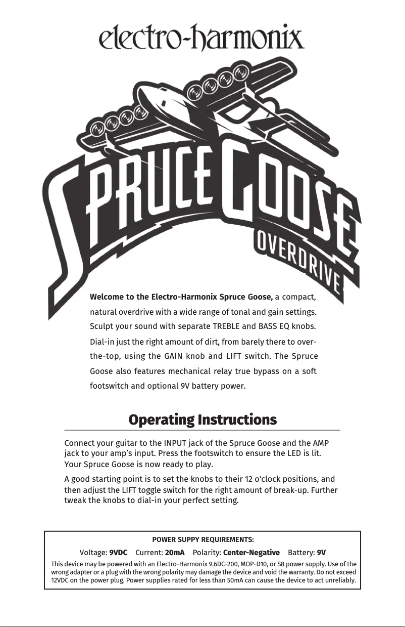 Page 1 de la notice Manuel utilisateur Electro Harmonix Spruce Goose