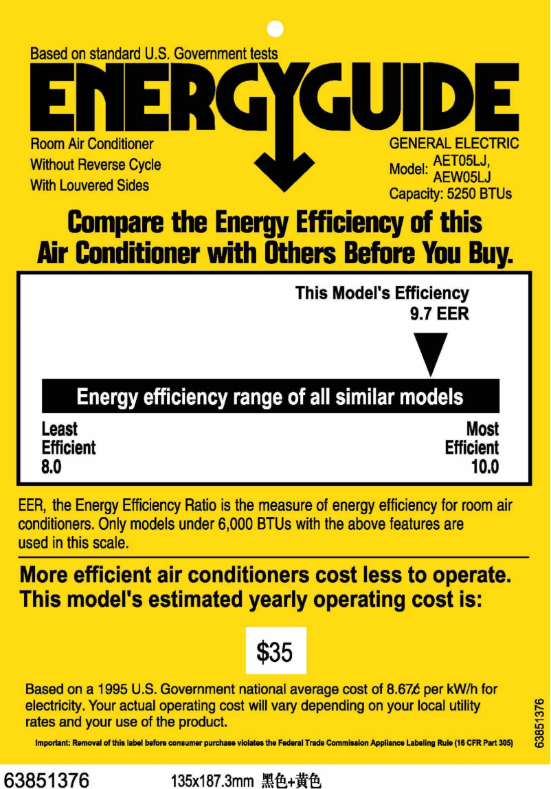 Page 1 de la notice Label énergétique GE AET05LJ