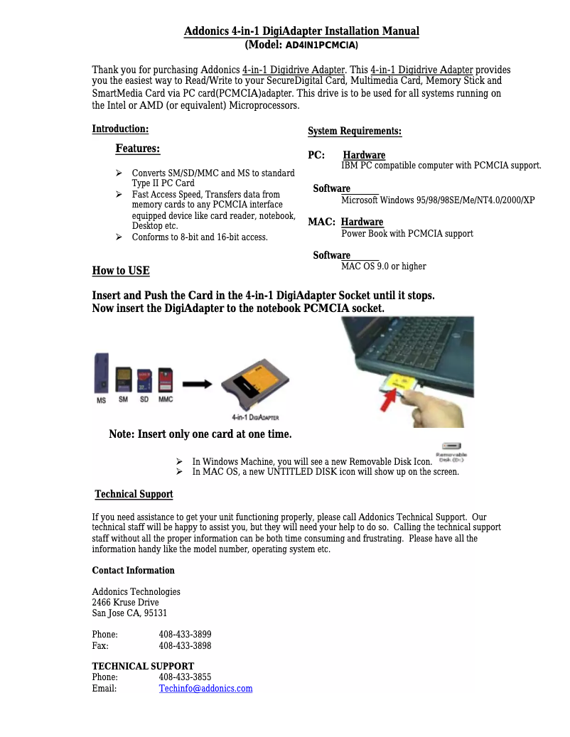 Page n°1 - Manuel utilisateur Addonics ADPMAF-X