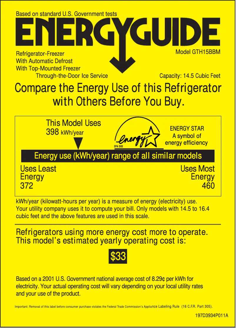 Page n°1 - Label énergétique GE GTH15BBMRCC
