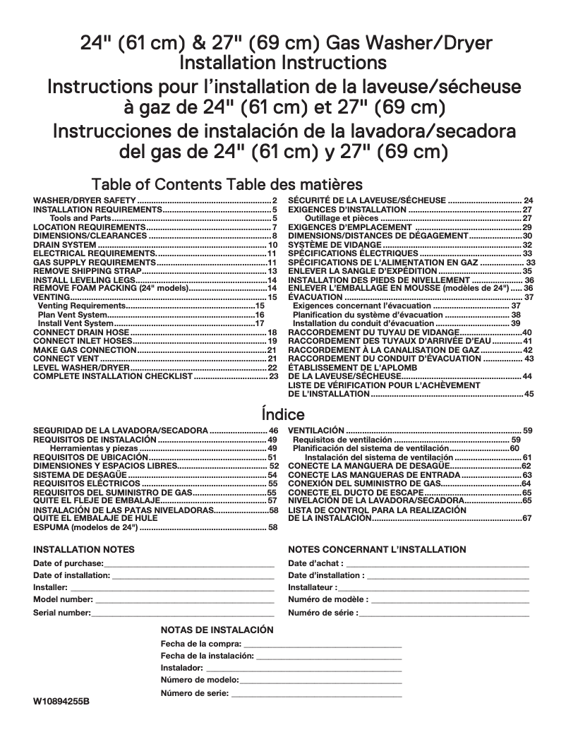 Page n°1 - Guide d'installation Whirlpool WGTLV27F