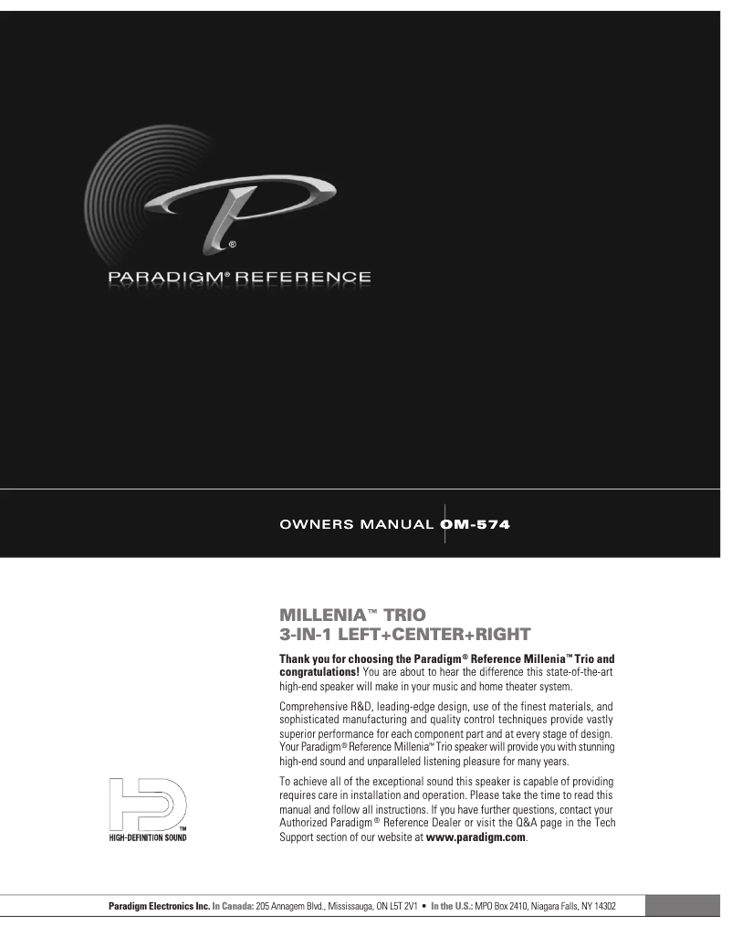 Page 1 de la notice Manuel utilisateur Paradigm Millenia 20 Trio