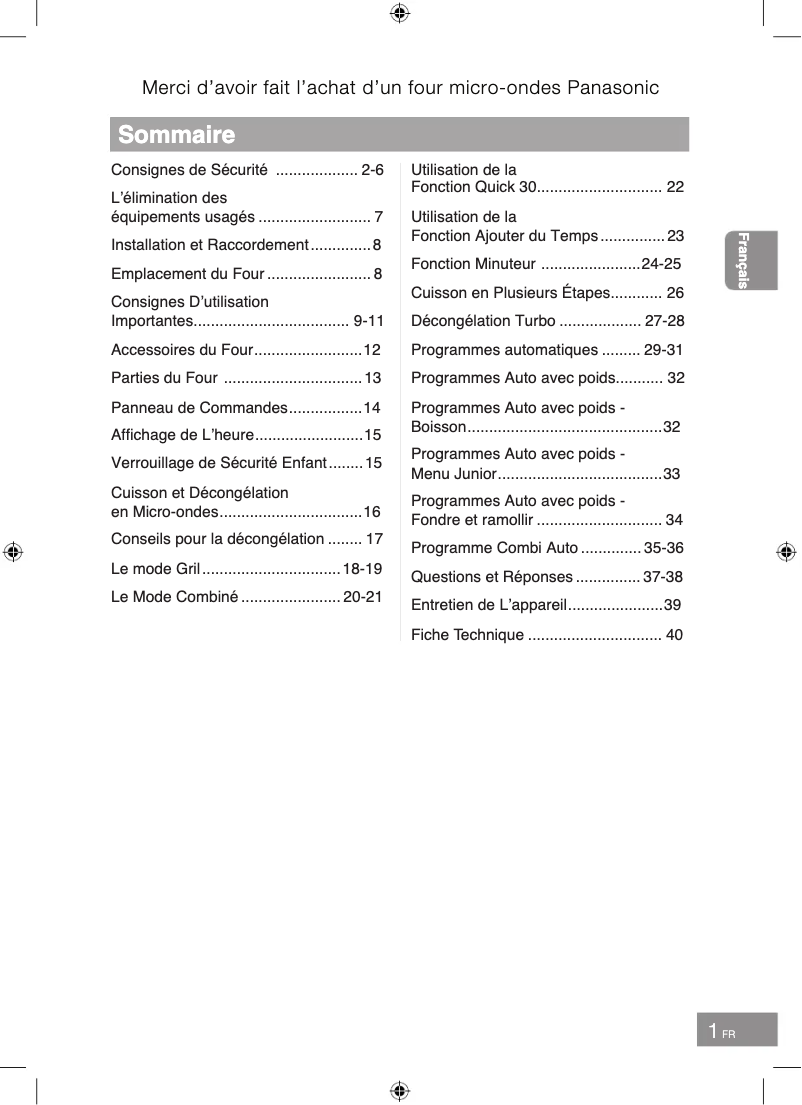 Page 1 de la notice Manuel utilisateur Panasonic NN-GT46KBSUG