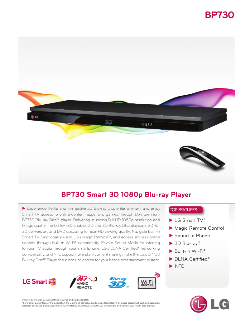 Página 1 del manual Ficha técnica LG BP730