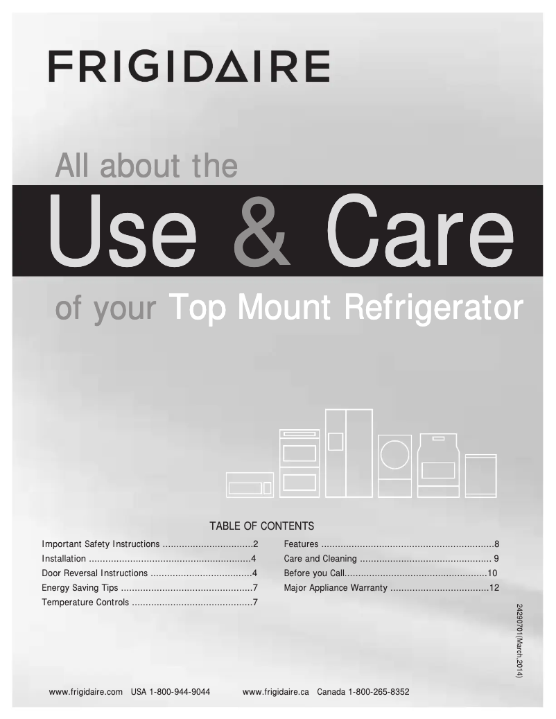 Page 1 de la notice Manuel utilisateur Frigidaire FFET1222Q