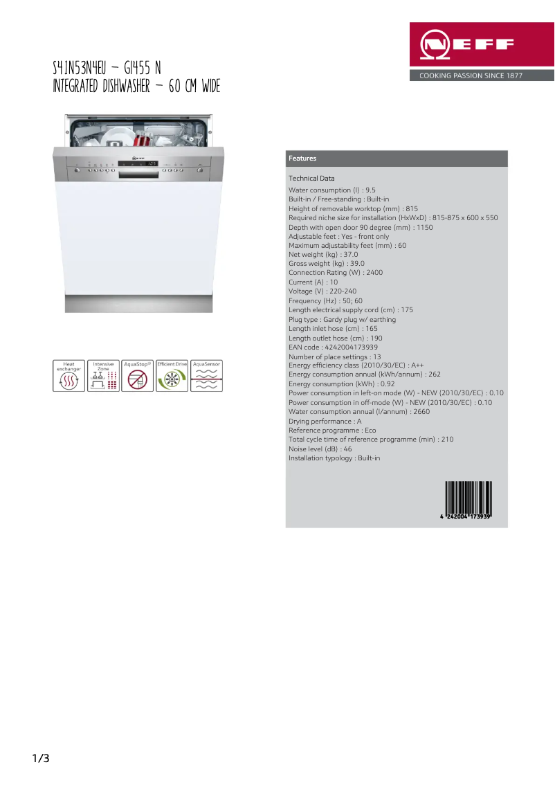 Page 1 de la notice Fiche technique Neff S41N53N4EU