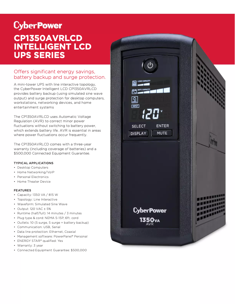Page n°1 - Fiche technique CyberPower CP1350AVRLCD