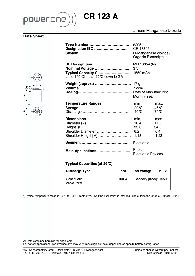 Página 1 del manual Manual de usuario Varta CR 123 A
