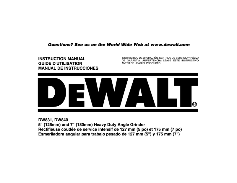 Page 1 de la notice Manuel d'utilisation et d'entretien DeWalt DW840