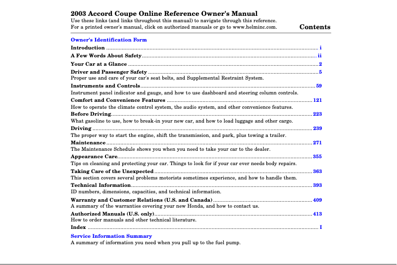 Page 1 de la notice Manuel utilisateur Honda Accord Sedan (2003)