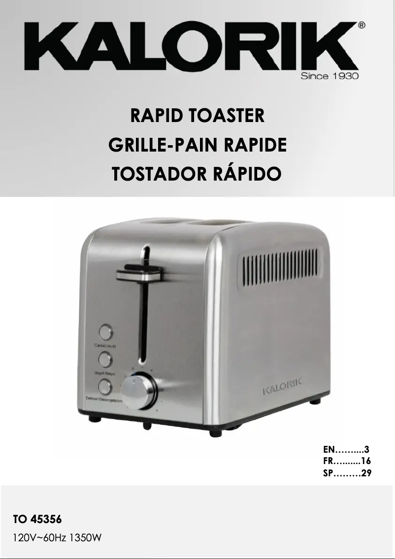 Page n°1 - Manuel utilisateur Kalorik TO 45356