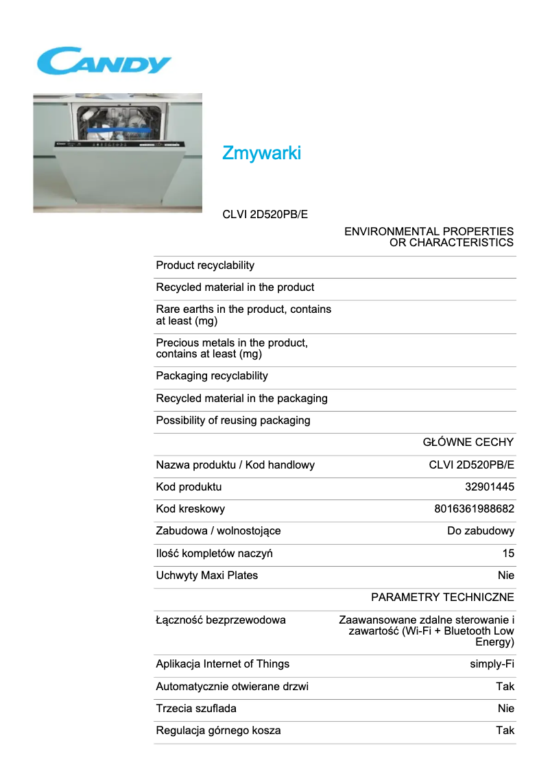 Page 1 de la notice Fiche technique Candy CLVI 2D520PB/E