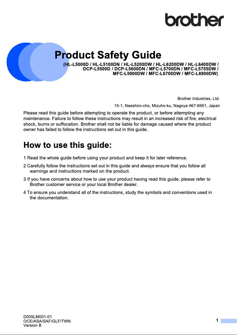 Page 1 de la notice Instructions de sécurité Brother DCP-L5600DN