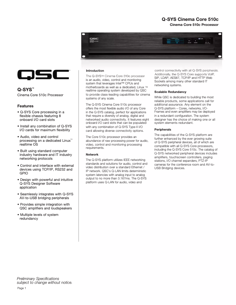 Page 1 de la notice Fiche technique QSC Cinema Core 510c