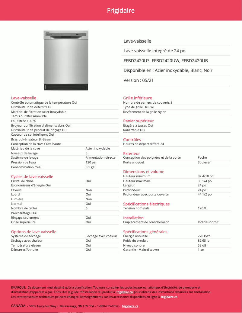 Página 1 del manual Ficha técnica Frigidaire FFBD2420UB