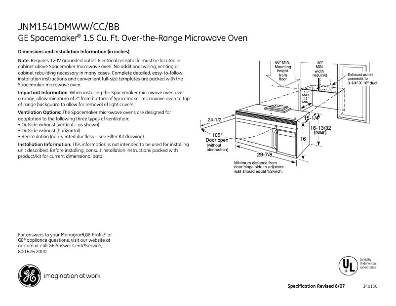 Página 1 del manual Ficha técnica GE Spacemaker JNM1541DMWW