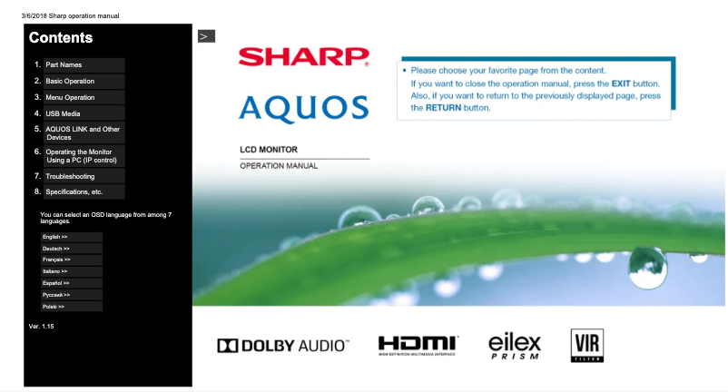 Page 1 de la notice Manuel utilisateur Sharp Aquos LV-70X500E