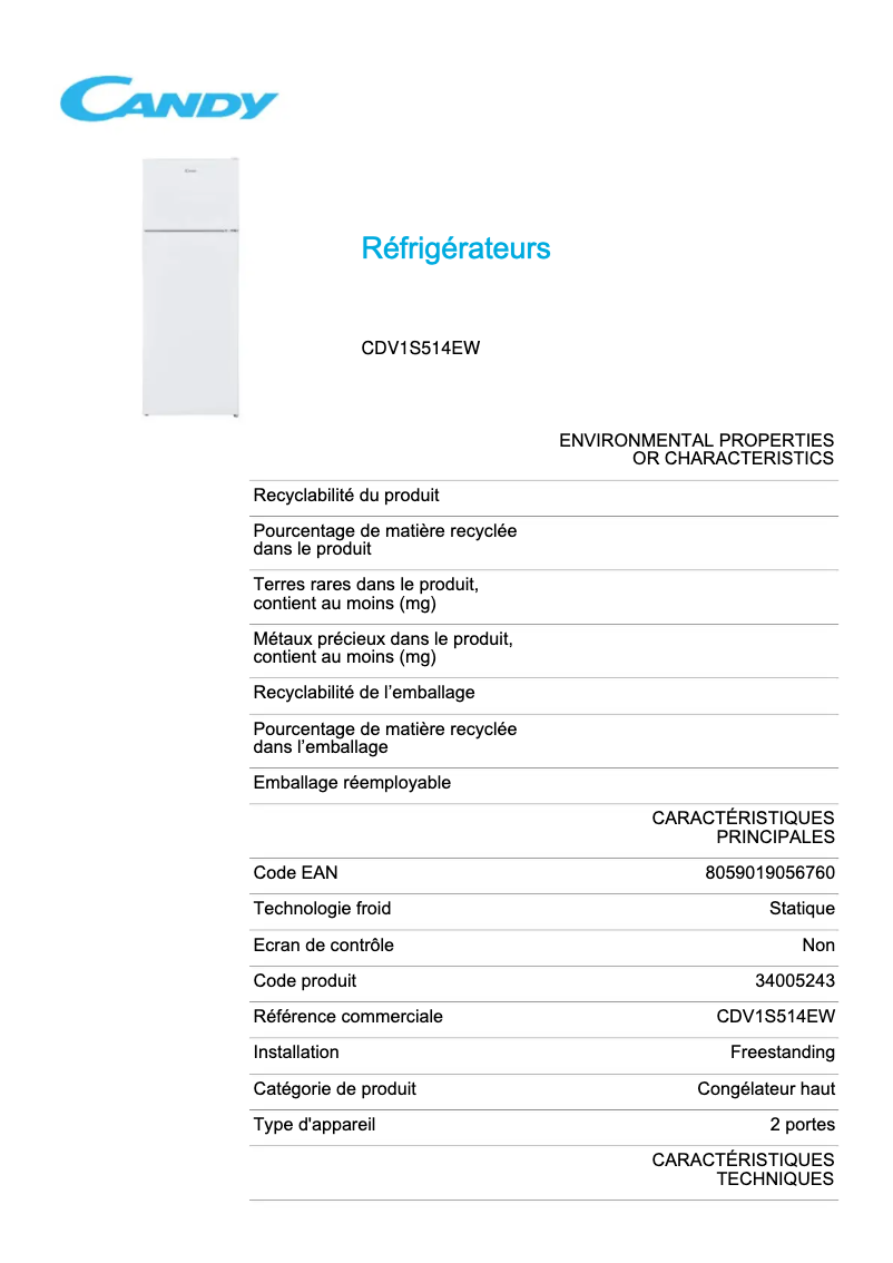 Page 1 de la notice Fiche technique Candy CDV1S514EW
